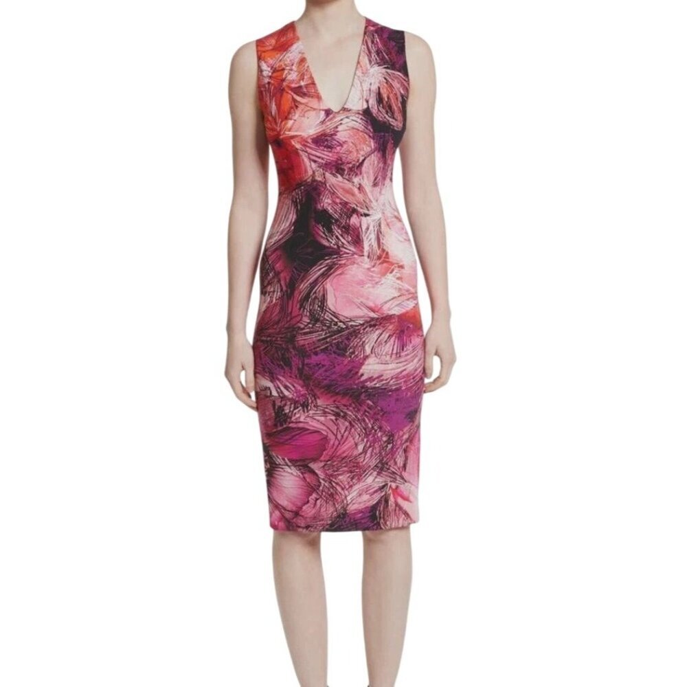 Fuzzi Floral Print Sleeveless V-Neck Sheath Dress Womens Size L Classic Office